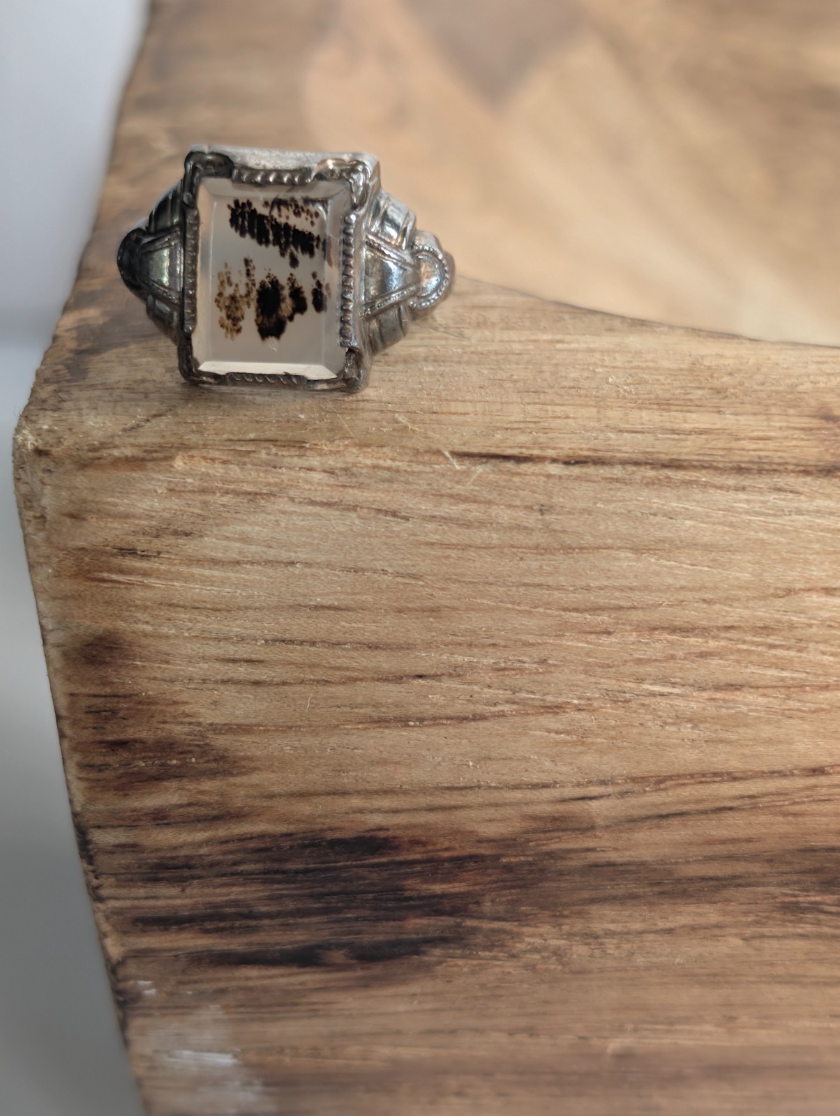 Vintage Sterling Silver Art Deco Moss Agate Ring Size 5