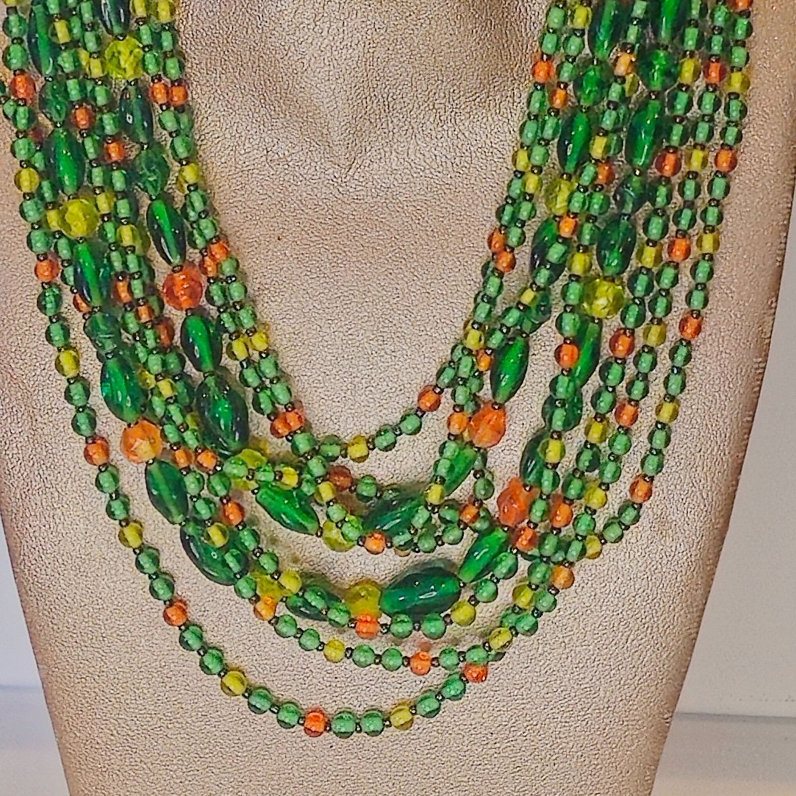 VTG Multi‑Strand Green Glass Bead Necklace Hand‑Strung Orange Yellow Accents