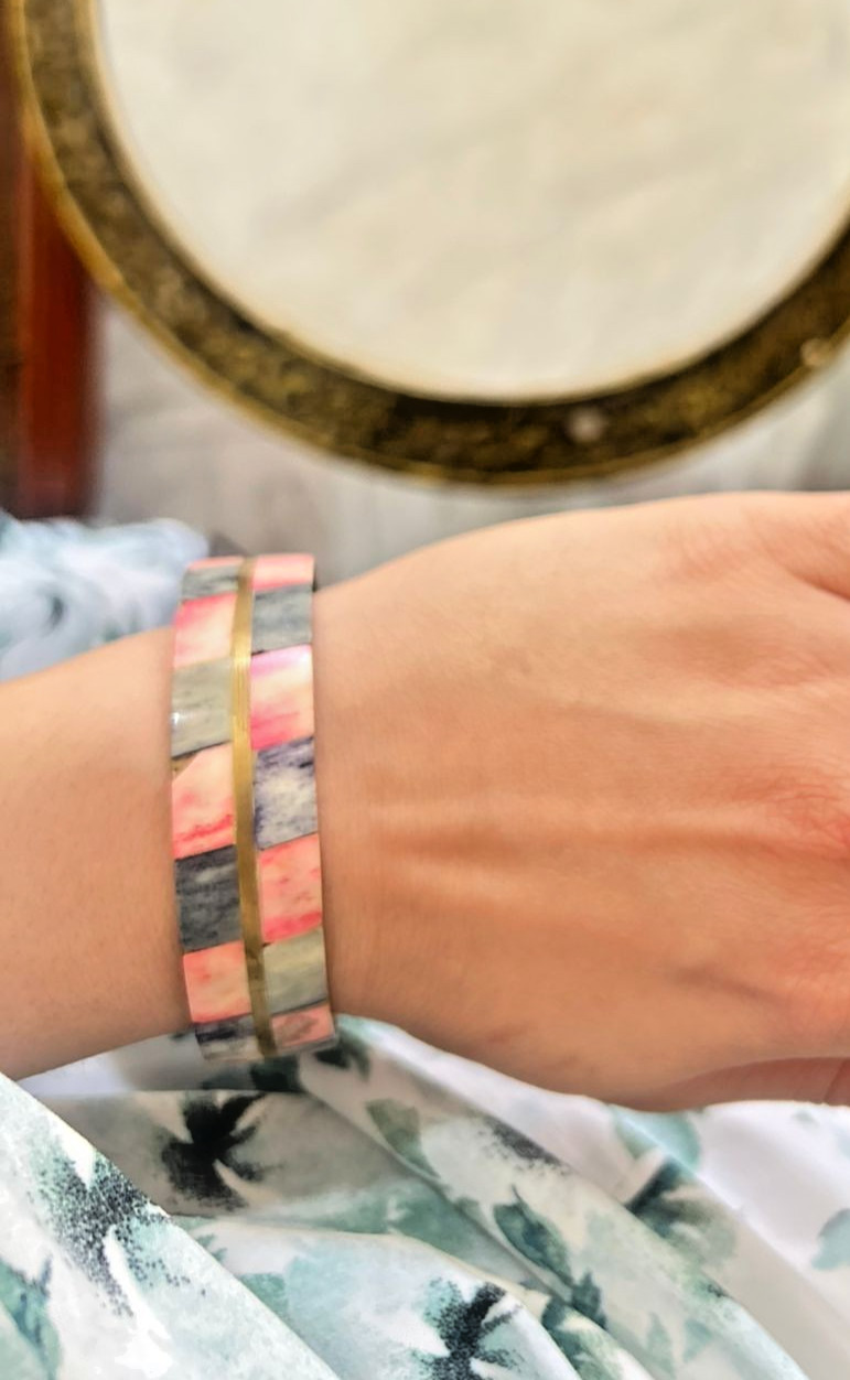 Vintage Brass Mosaic Inlay Bangle Bracelet Pink Gray Stone Boho Ethnic VTG