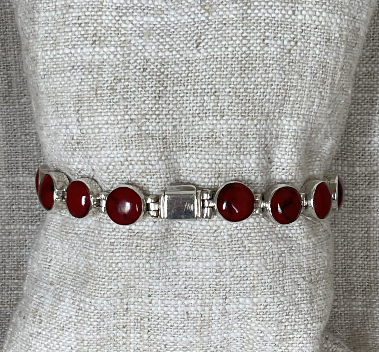 Vintage Sterling Silver Taxco Mexico 950 Red Jasper Hinged Links Bracelet 30g 7”