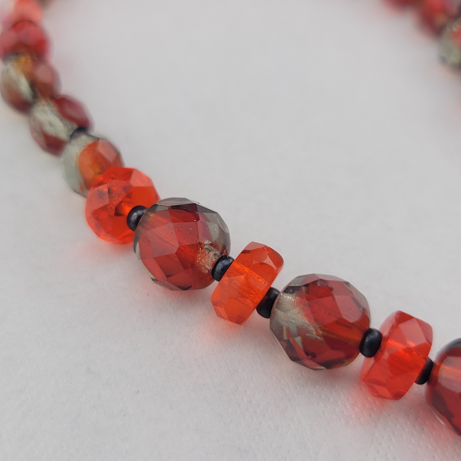 Antique Czech Red Clear Orange Givre Glass Crystal Bead Graduated 20″ Necklace