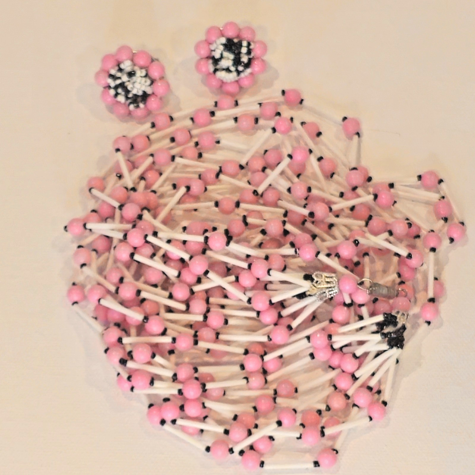 Vintage Japan Pink White Black Beaded Necklace & Clip‑On Earrings Set