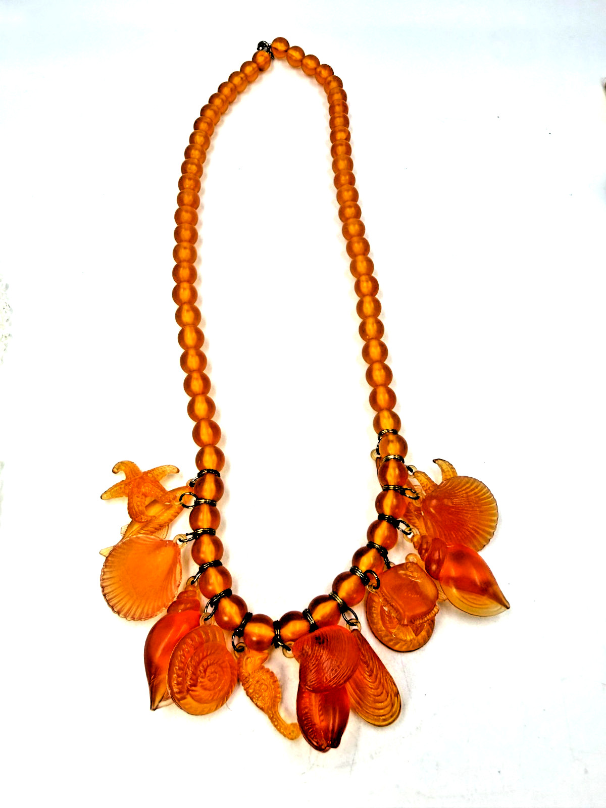 Vintage Necklace Plastic Orange Fish Seashell Beach Nautical 24 inches
