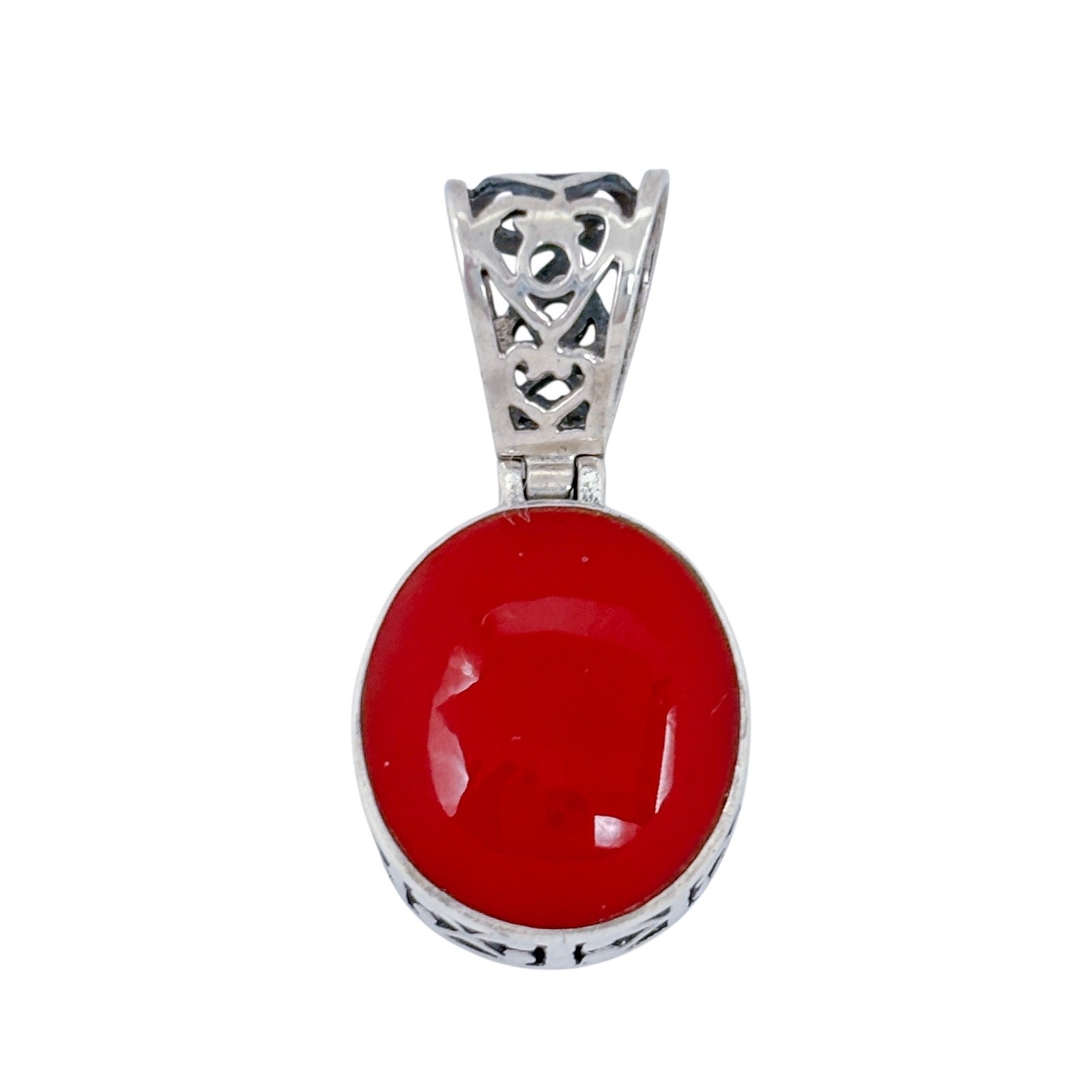 Oval Red Enamel Scroll Hinge Pendant | Vintage Sterling Silver 925