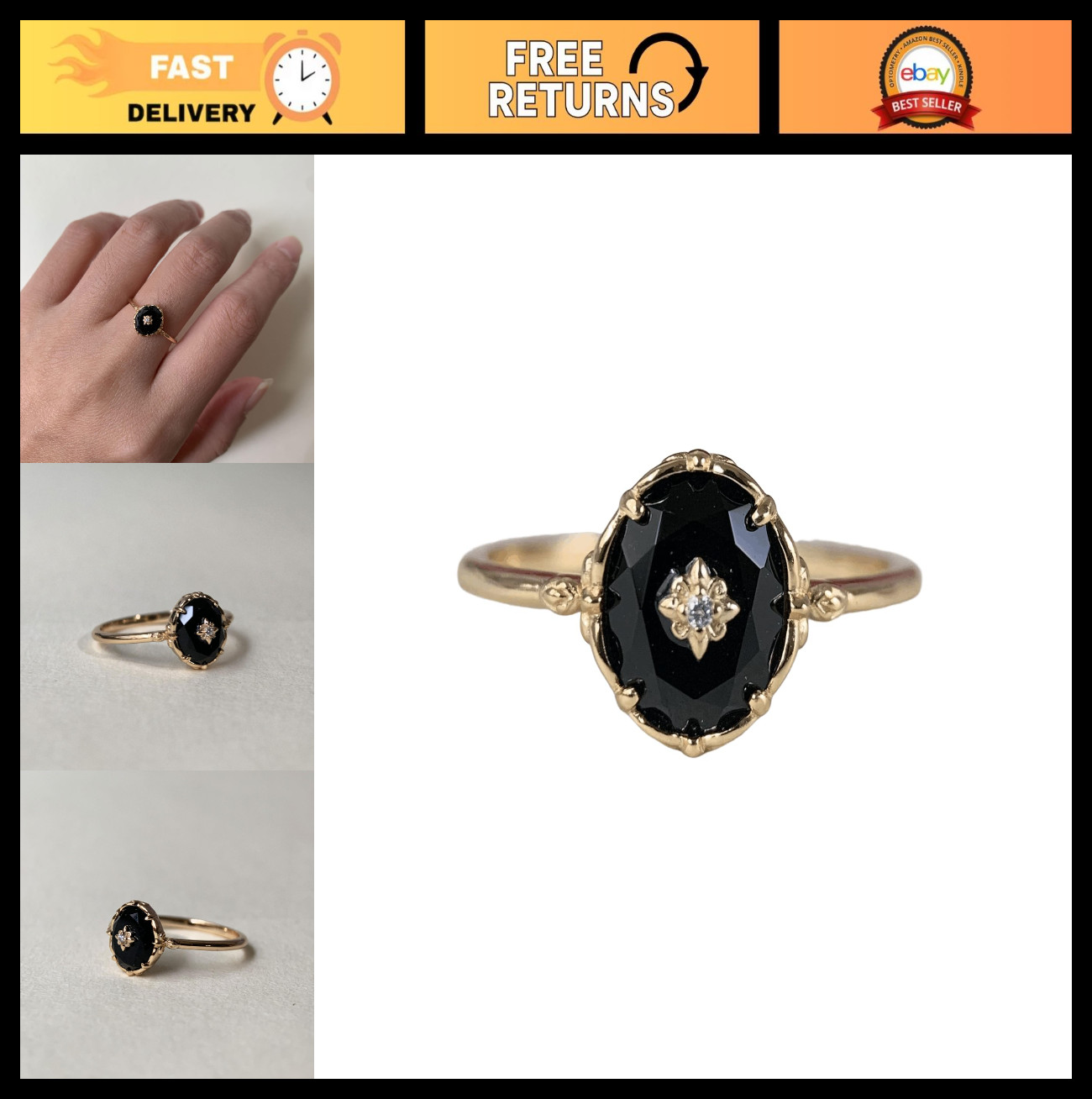 Vintage Black Onyx Engagement Ring Women Gold Art Deco Oval Cut Solitaire Weddin