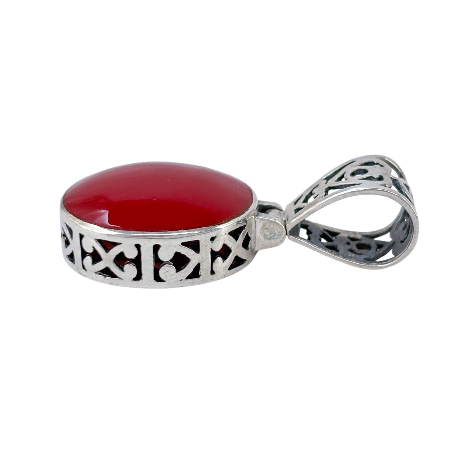 Oval Red Enamel Scroll Hinge Pendant | Vintage Sterling Silver 925