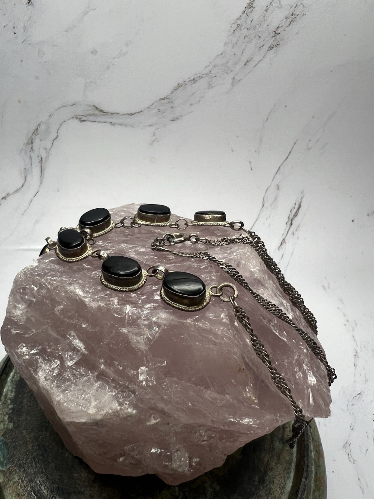 VTG 925 Sterling Silver Rope Trim Accent Oval Black Onyx Statement Necklace