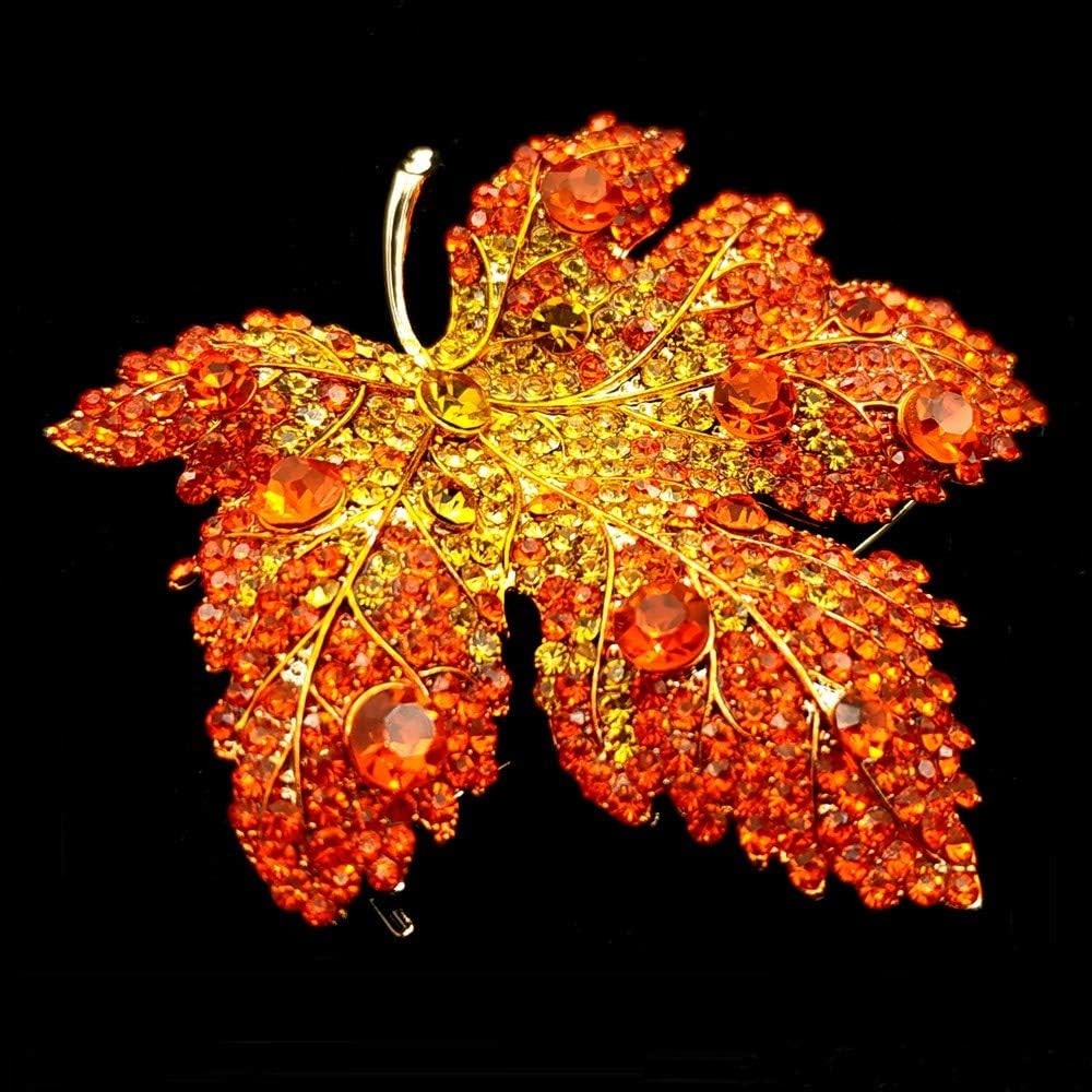 Vintage Stylish Full Micro Pave Yellow Orange Red Crystal Big Maple Leaf Brooch