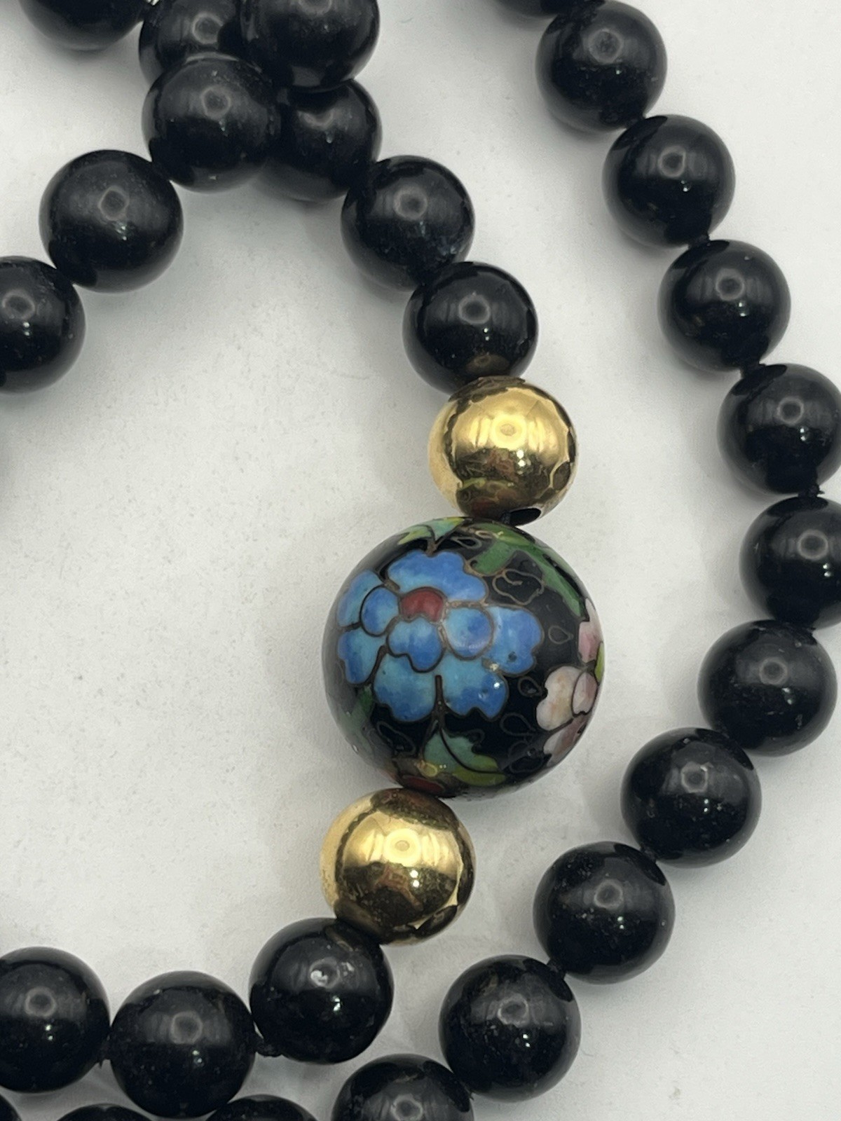 Gold filled Chinese cloisonné flower beaded black vintage necklace