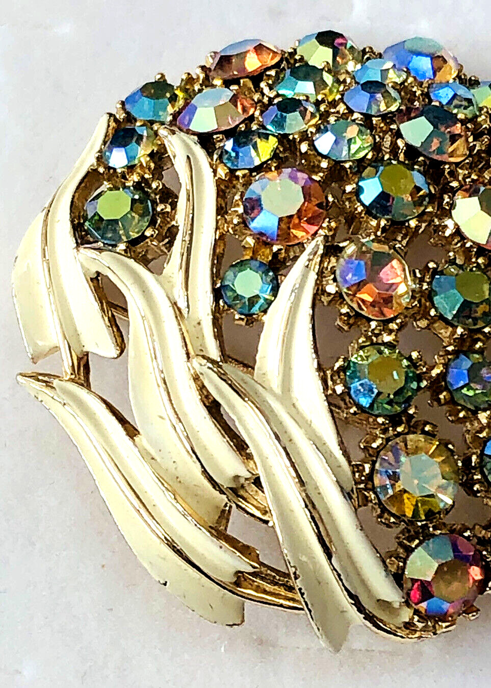 Vintage ART/ Arthur Pepper Aurora Borealis Rhinestone & White Enamel Leaves Pin