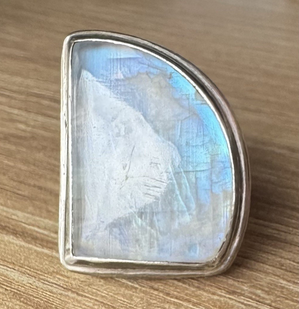 Vintage Silver Moonstone Asymmetrical Cabochon Bezel Set Statement Ring Size 8.5