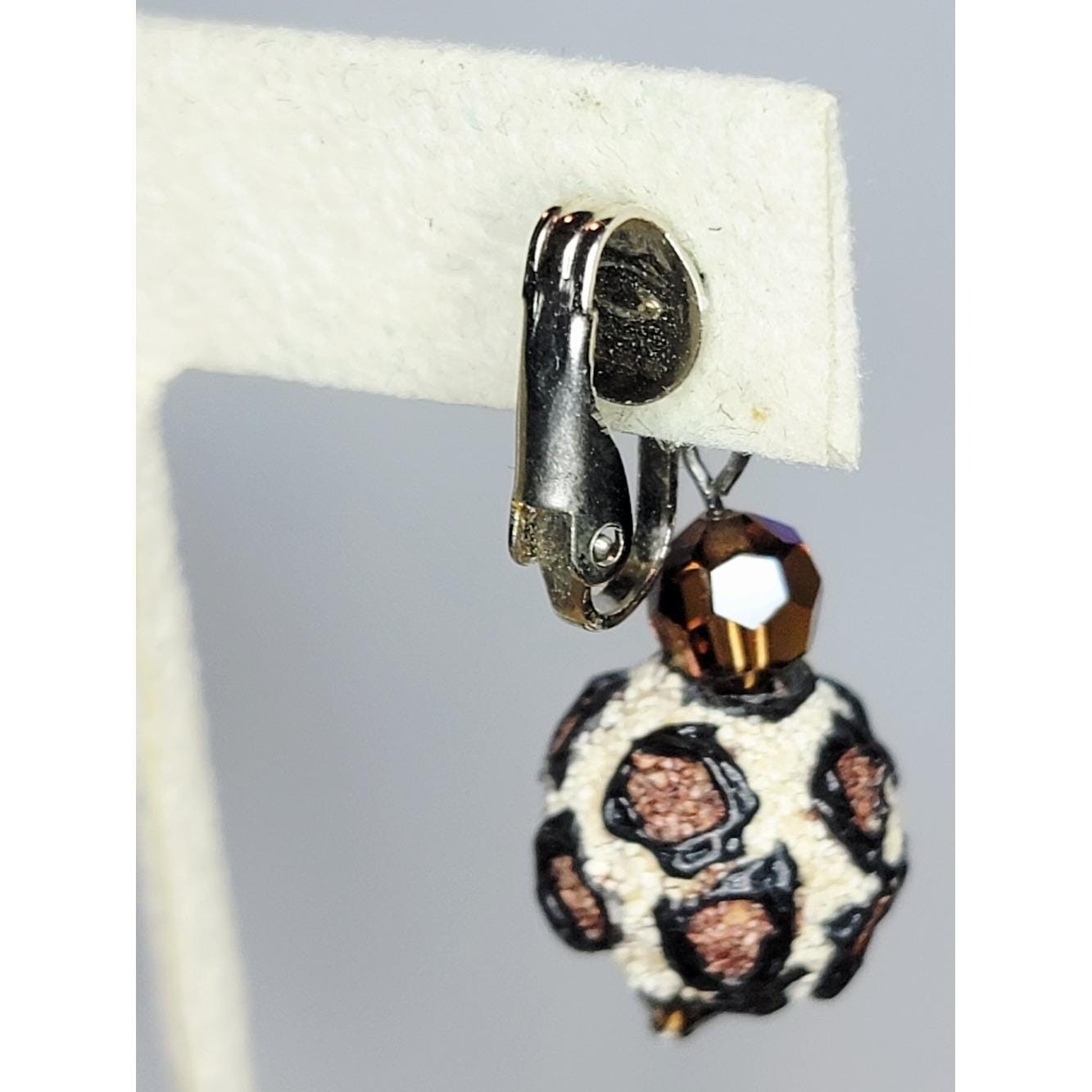 Vintage Leopard Print Clip On Earrings Brown Crystal Dangle Animal Print