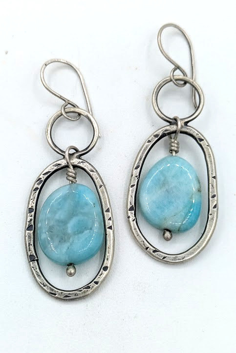 Vintage Artisan Sterling Silver Blue Larimar Dangle Drop Earrings