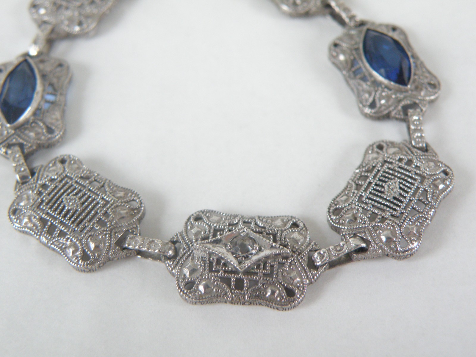 Art Deco Sterling Silver Sapphire Paste Filigree Station Antique Bracelet 7.5″