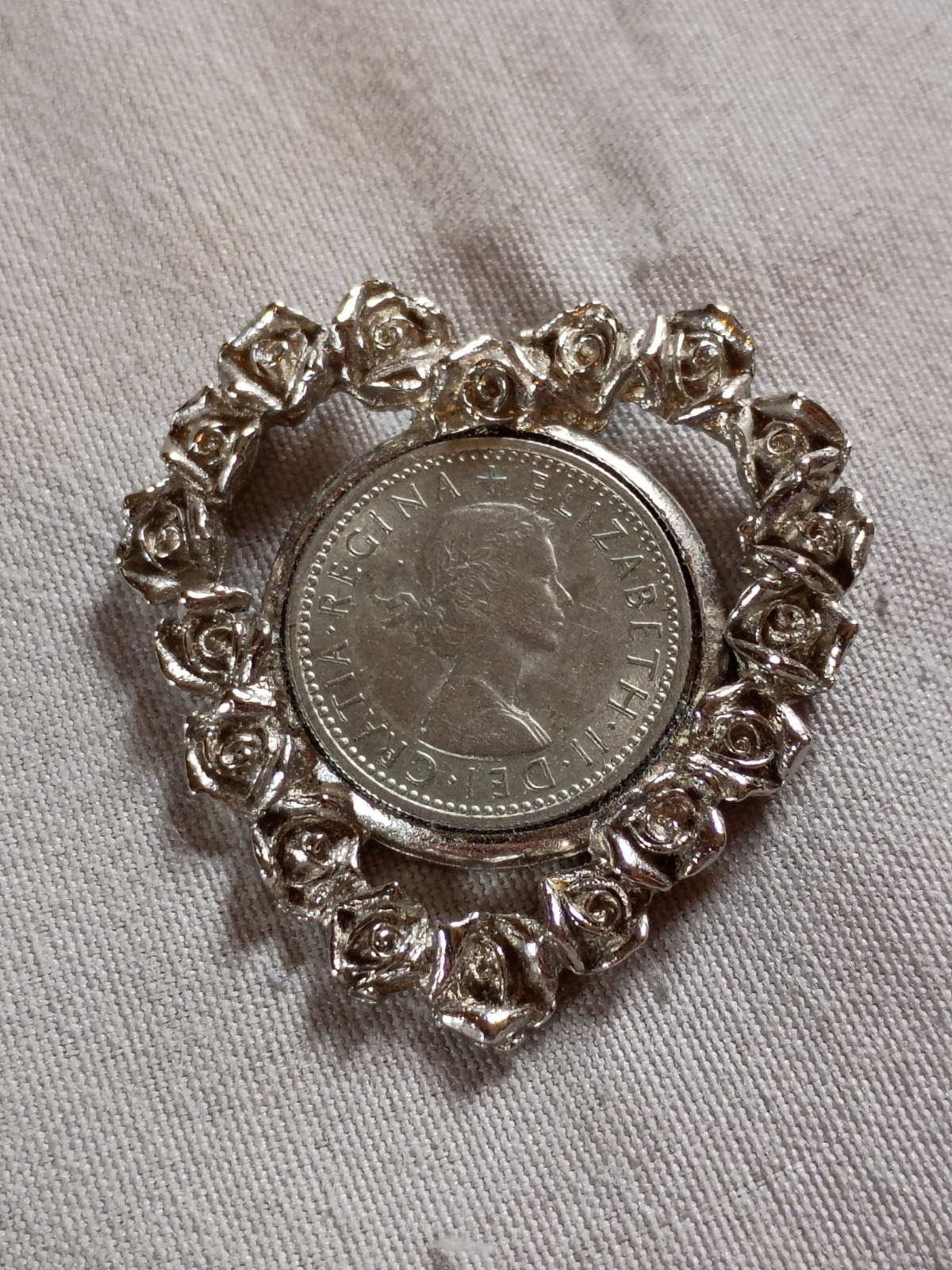 Vintage 1961 Great Britain Six Pence Coin Heart Pendant.