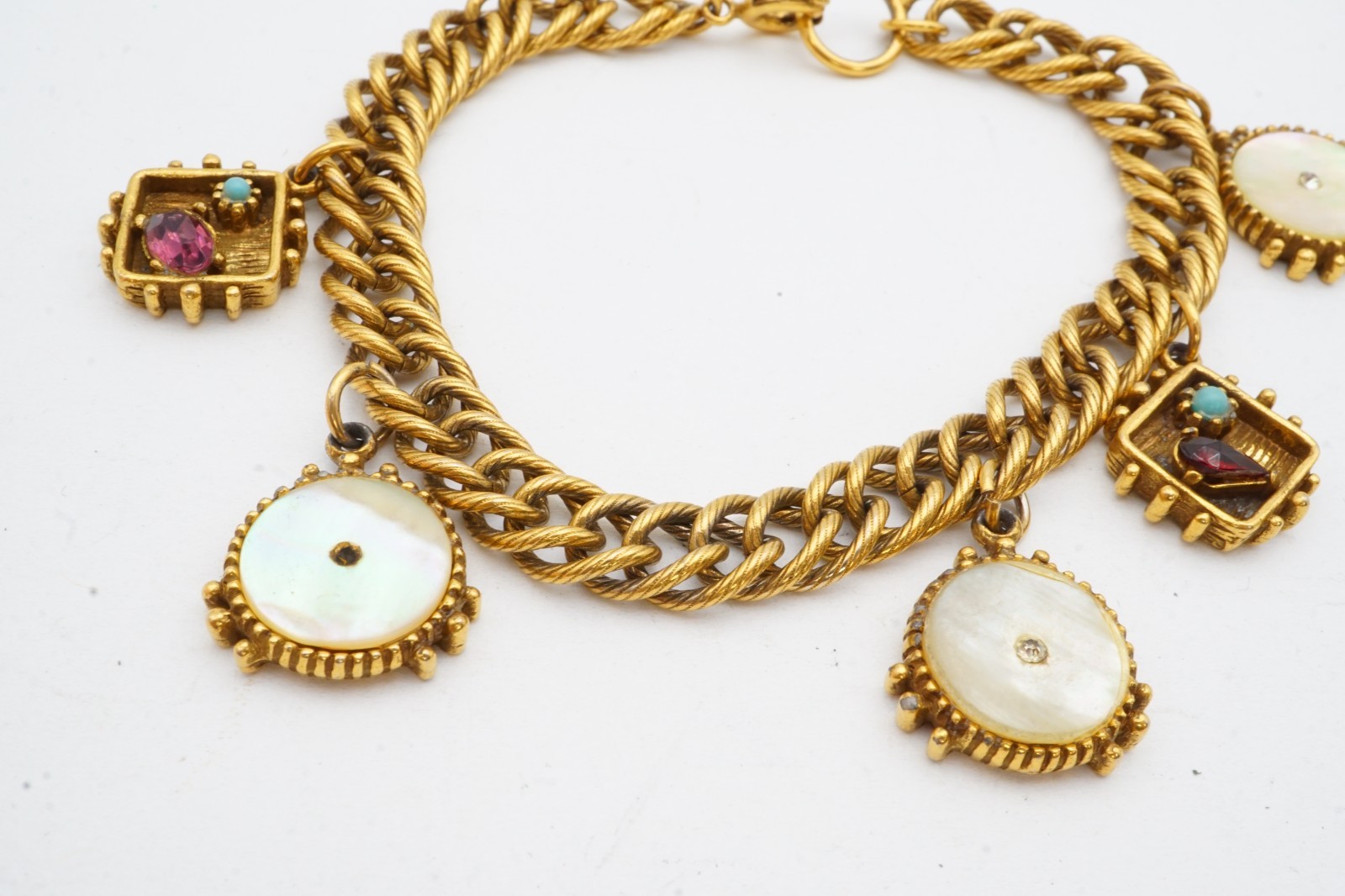Vintage Bracelet Gold Tone Rhinestone Charm 7.5″