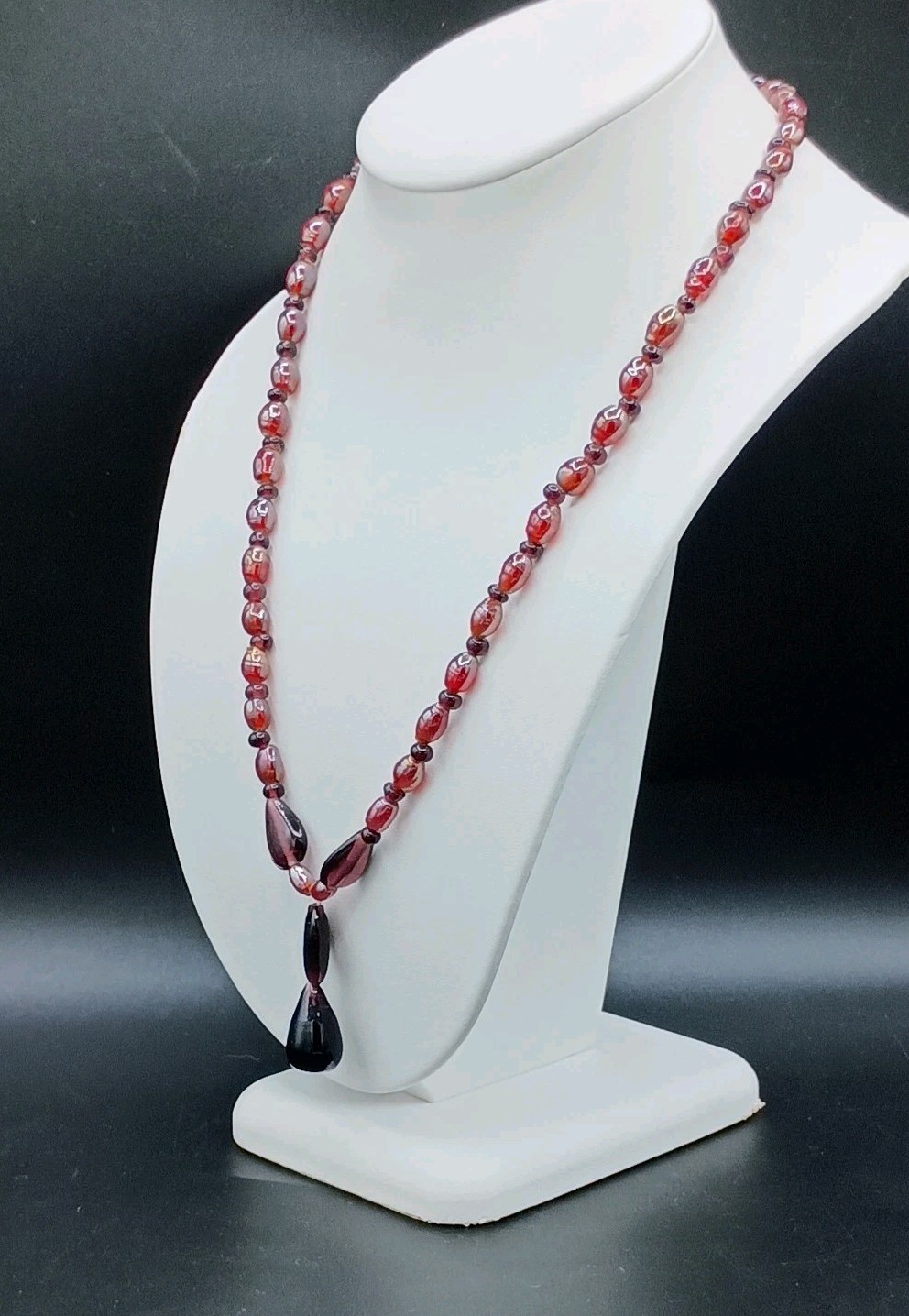 Antique Glass Necklace Beaded Purple Red Opalescent Y Dangle Barrel Clasp 18″