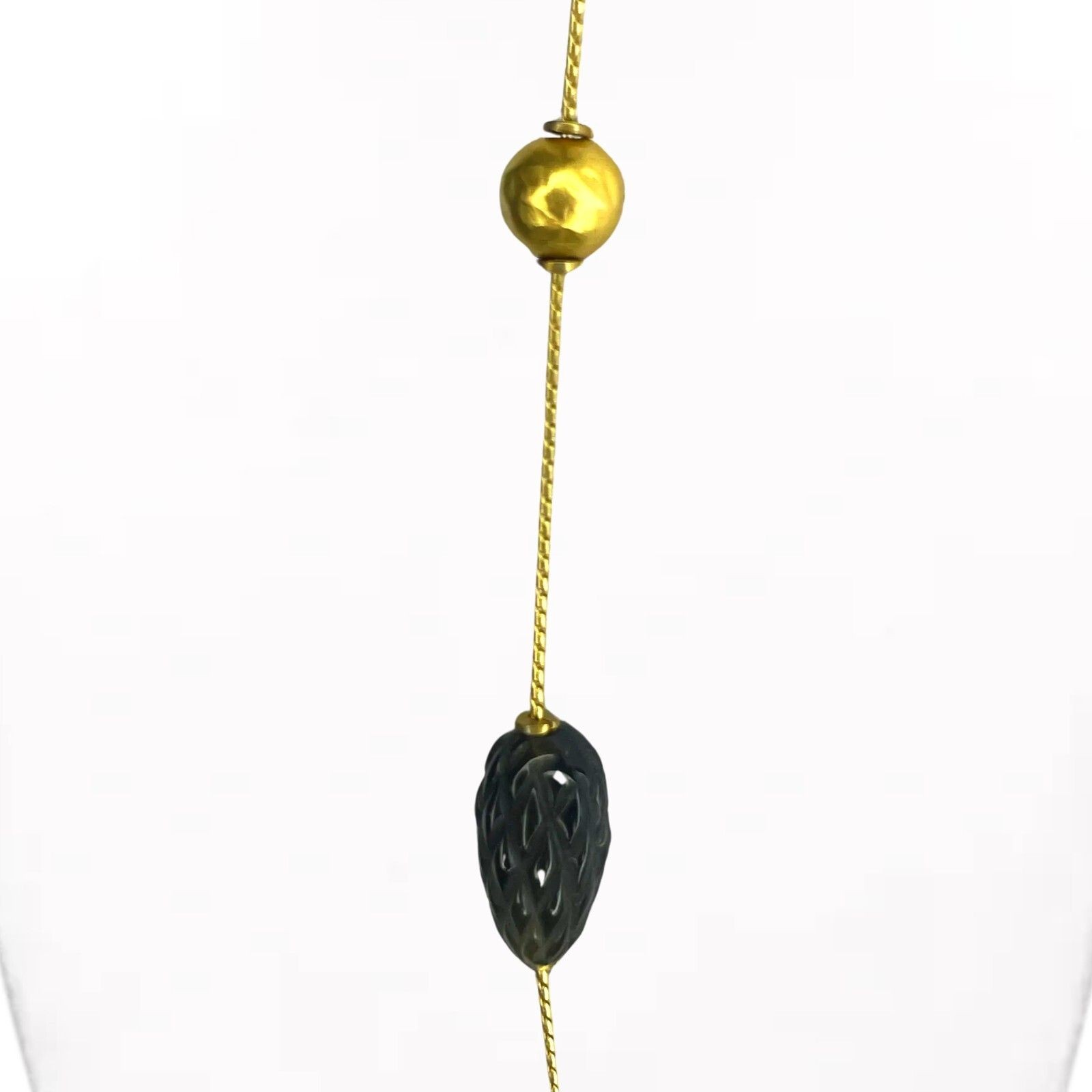 Sculpted Pinecone Station Necklace Satin 18kt Gold Foxtail Chain Lucite 30 In