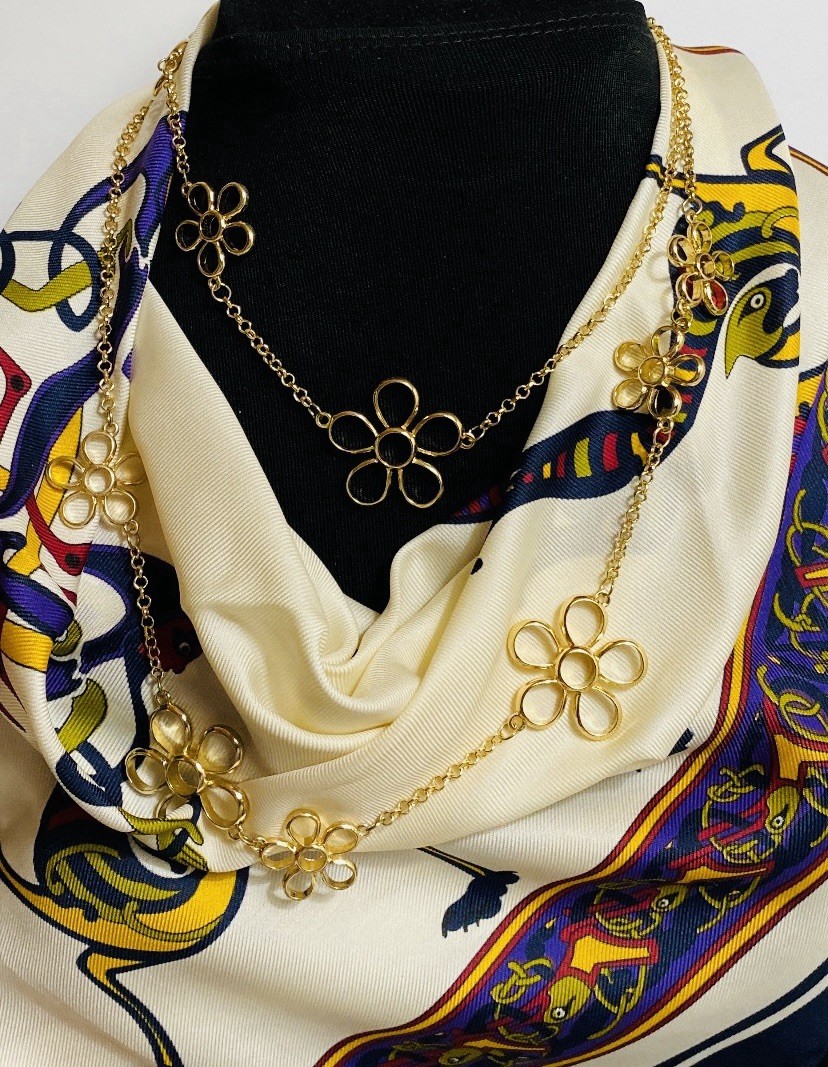 Vintage Gold Tone Multi Flower Chain /Statement Necklace 35” +3.5” Extension