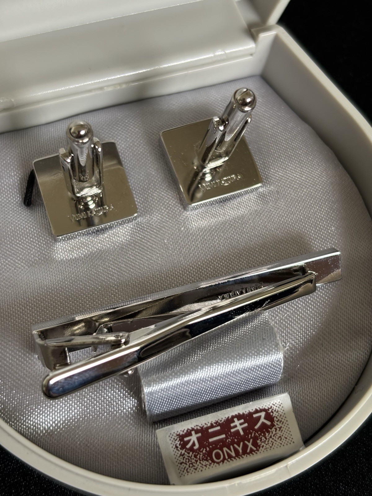 Vintage Yumi Katsura Black Onyx Cufflinks & Tie Clip Set w/ Original Case Japan