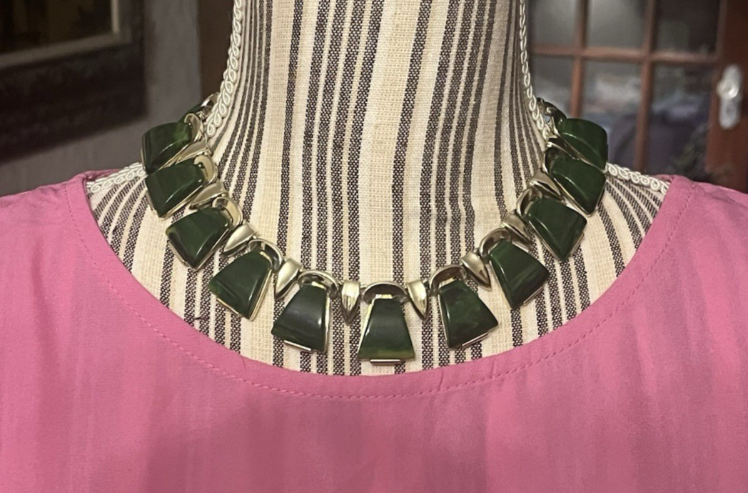 Vintage CHAREL Spinach Green Bakelite, Egyptian Revival, Necklace, Simi Tested!