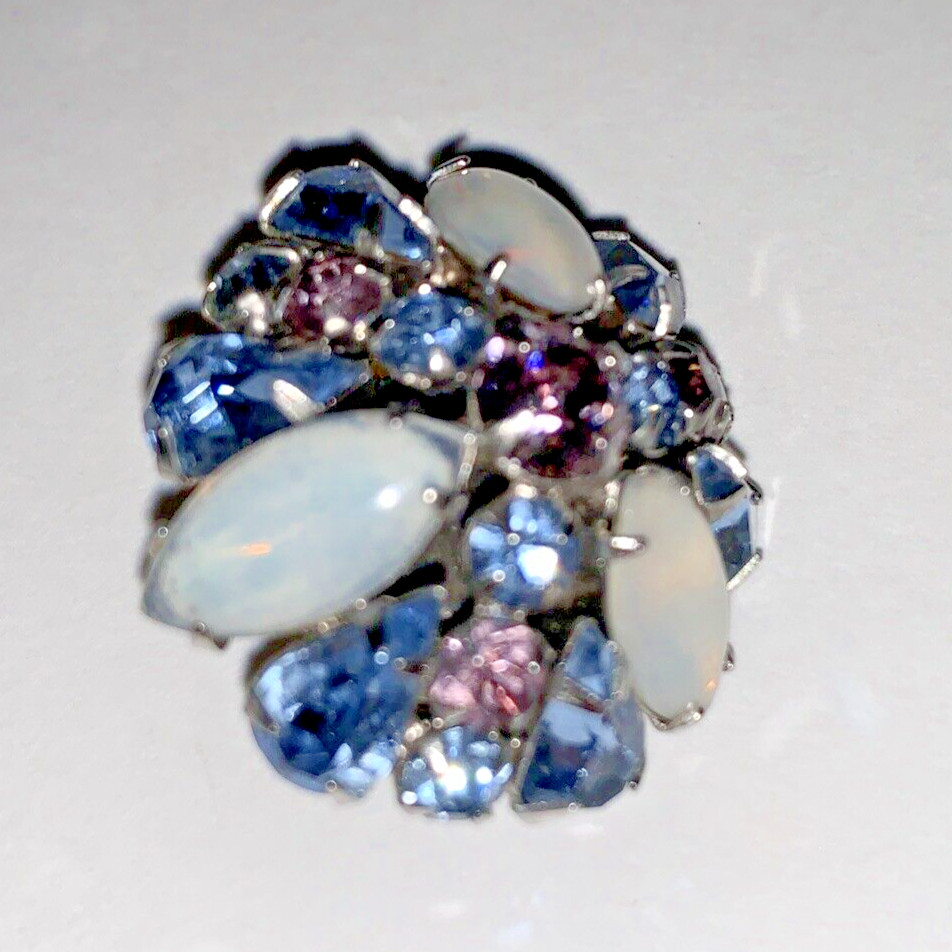 Silver Tone Faceted Purple and Blue Rhinestone Pin 3 White Oval Stones Brooch