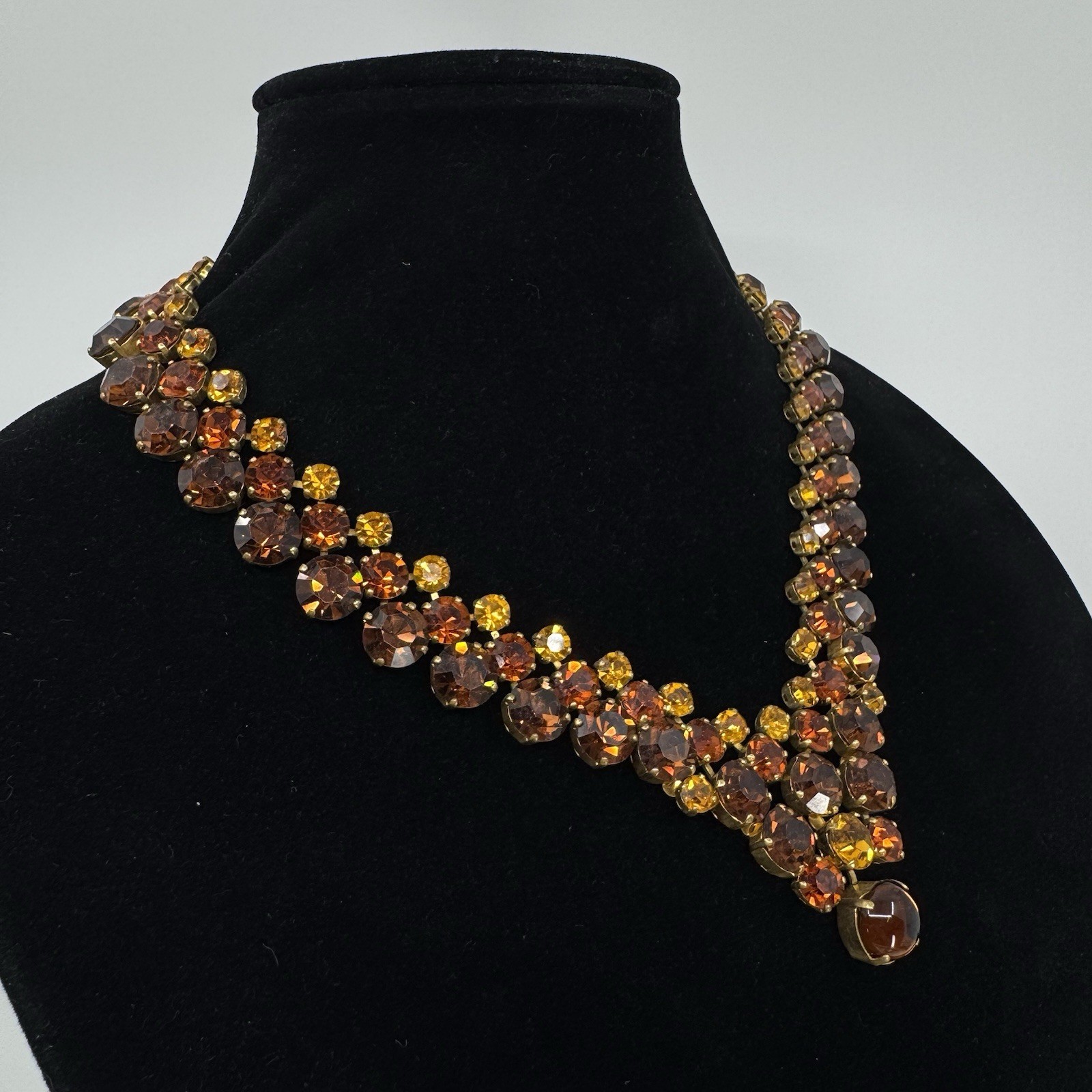 Large Statement Gold Tone Multi-tone Amber Round Rhinestone Necklace 17”