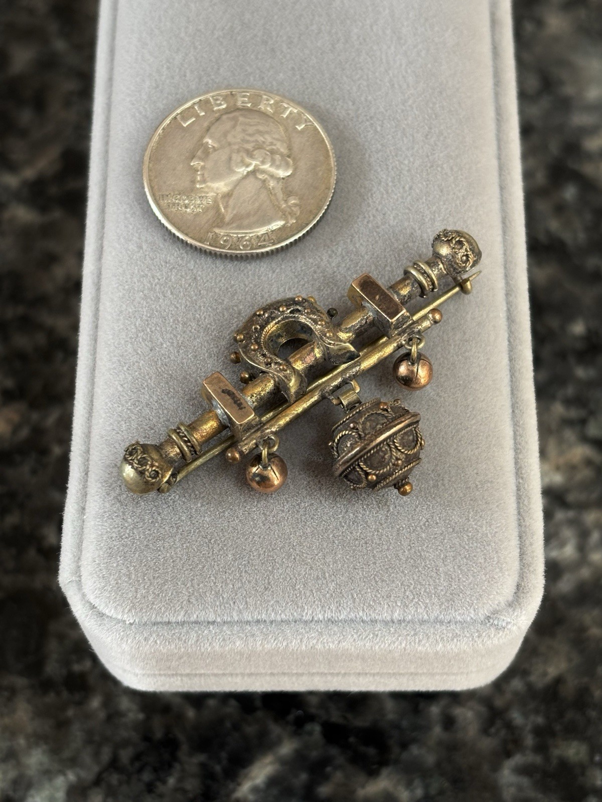 Antique Victorian Etruscan Horseshoe Rolled Gold Dangle Ball Brooch Pin Very Old