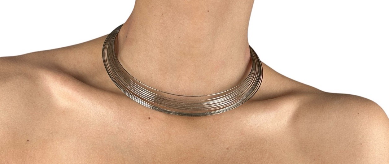 VTG Silver Tone Modernist Cleopatra Style Wire Choker Collar Statement Necklace
