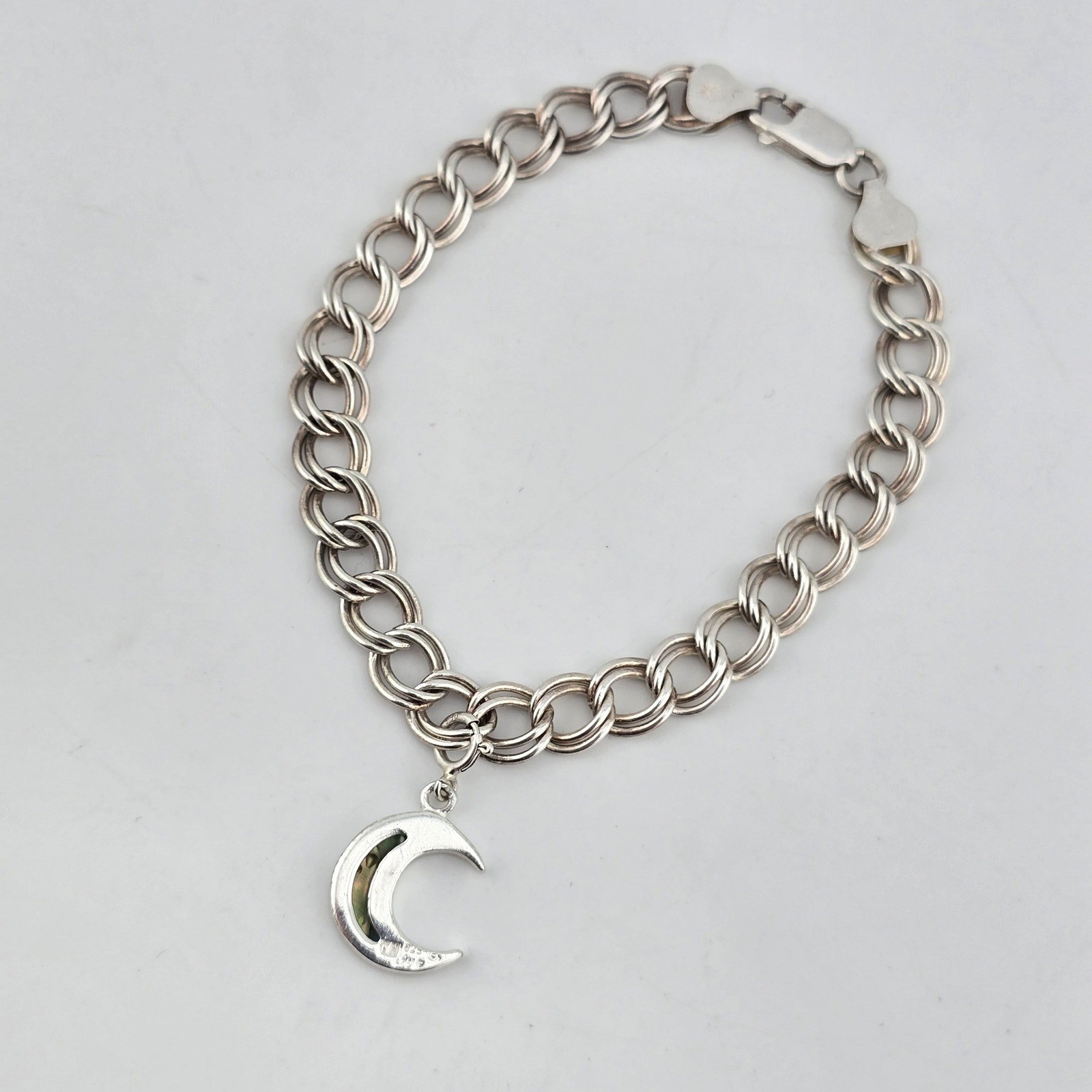 Sterling Silver 925 Italy Charm Bracelet w Abalone Moon Charm Size 7.75