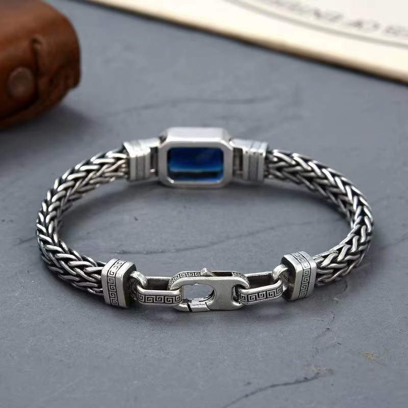S925 Sterling Silver Couple Style Hand-Knitted Bracelet Old Vintage Stone Men