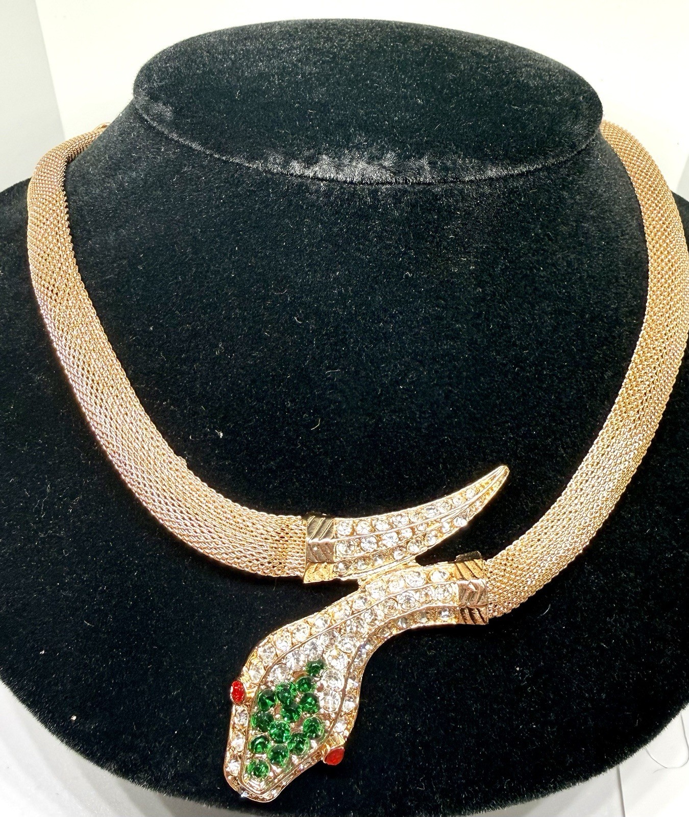 Vintage Gold Tone Mesh Snake Necklace Rhinestone Serpent Collar Statement Bib