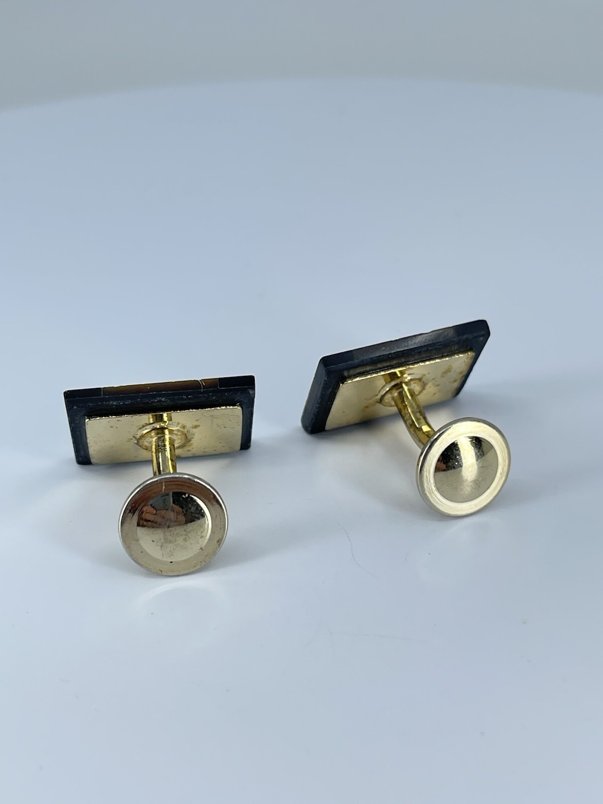 Vintage Onyx Lapis Tigers eye rectangle cufflinks polished gold tone fixed backs
