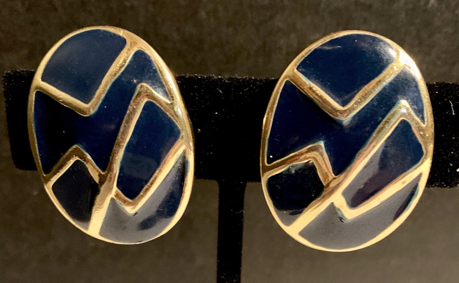 Memphis Style Geometric Earrings 1980s Navy Blue Gold Tone Clip-On Vintage Retro
