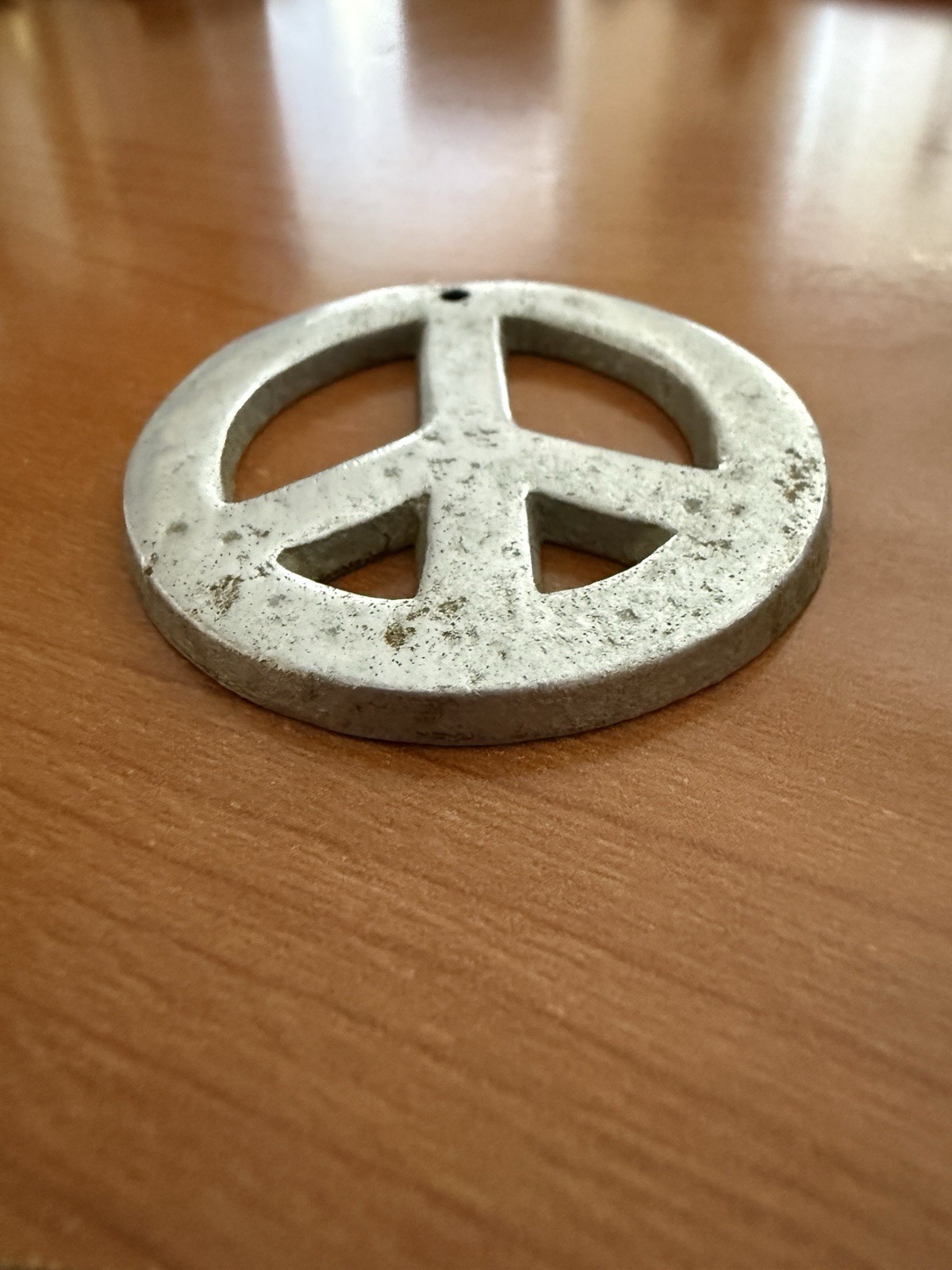 Vintage 1960s Cast Aluminum Peace Sign Pendant 2″ Hippie