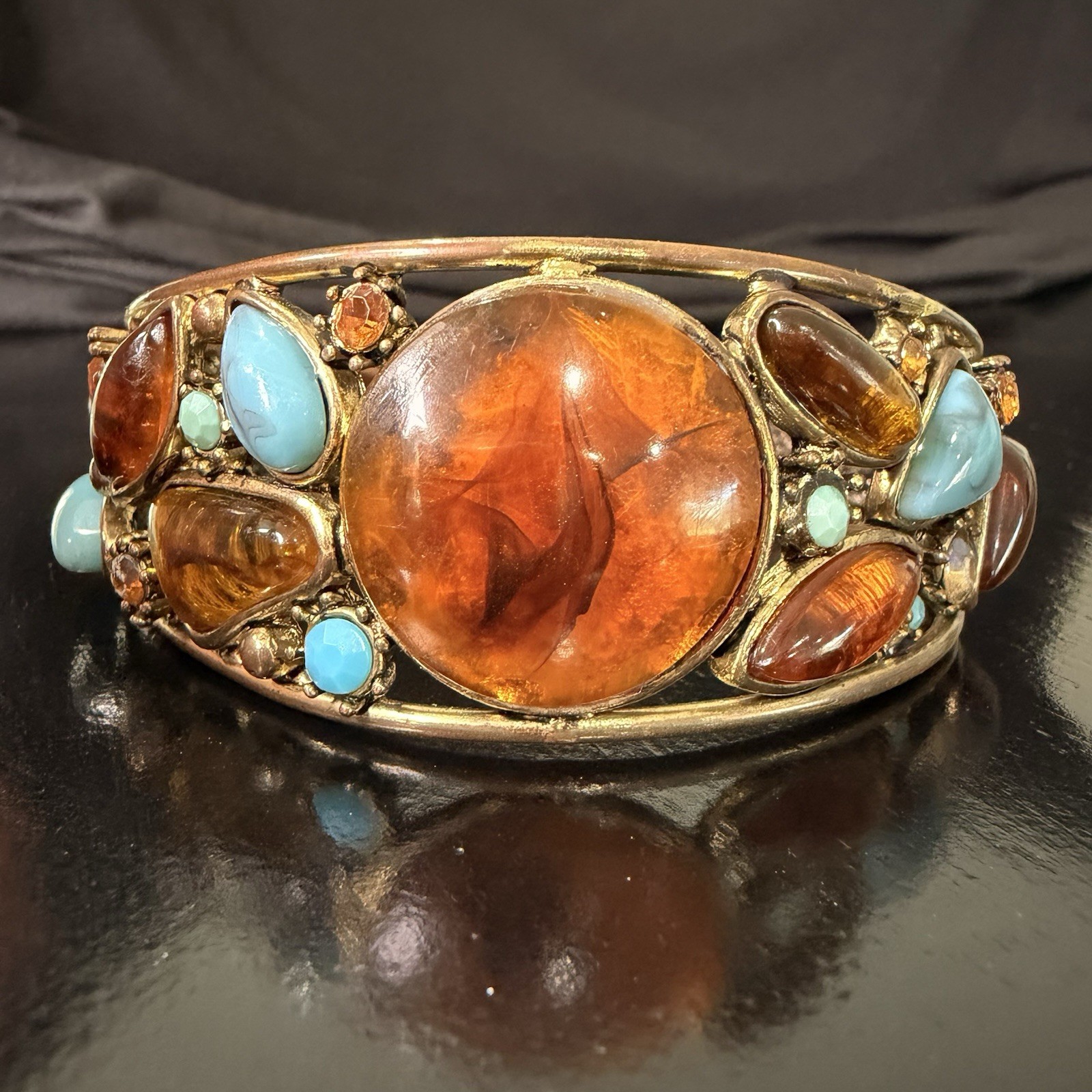 Vintage Amber Lucite Cabochon Cuff Bracelet Turquoise Glass Boho Statement 8in
