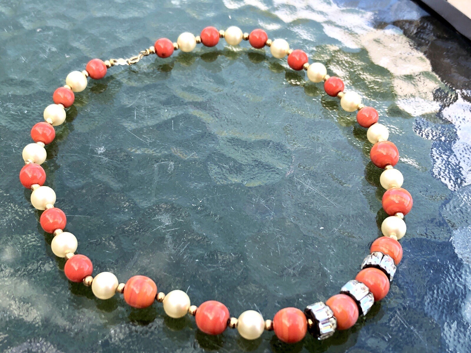 Estate 14K Gold Bead, Coral Glass, And Glass Pearl Beaded Necklace
