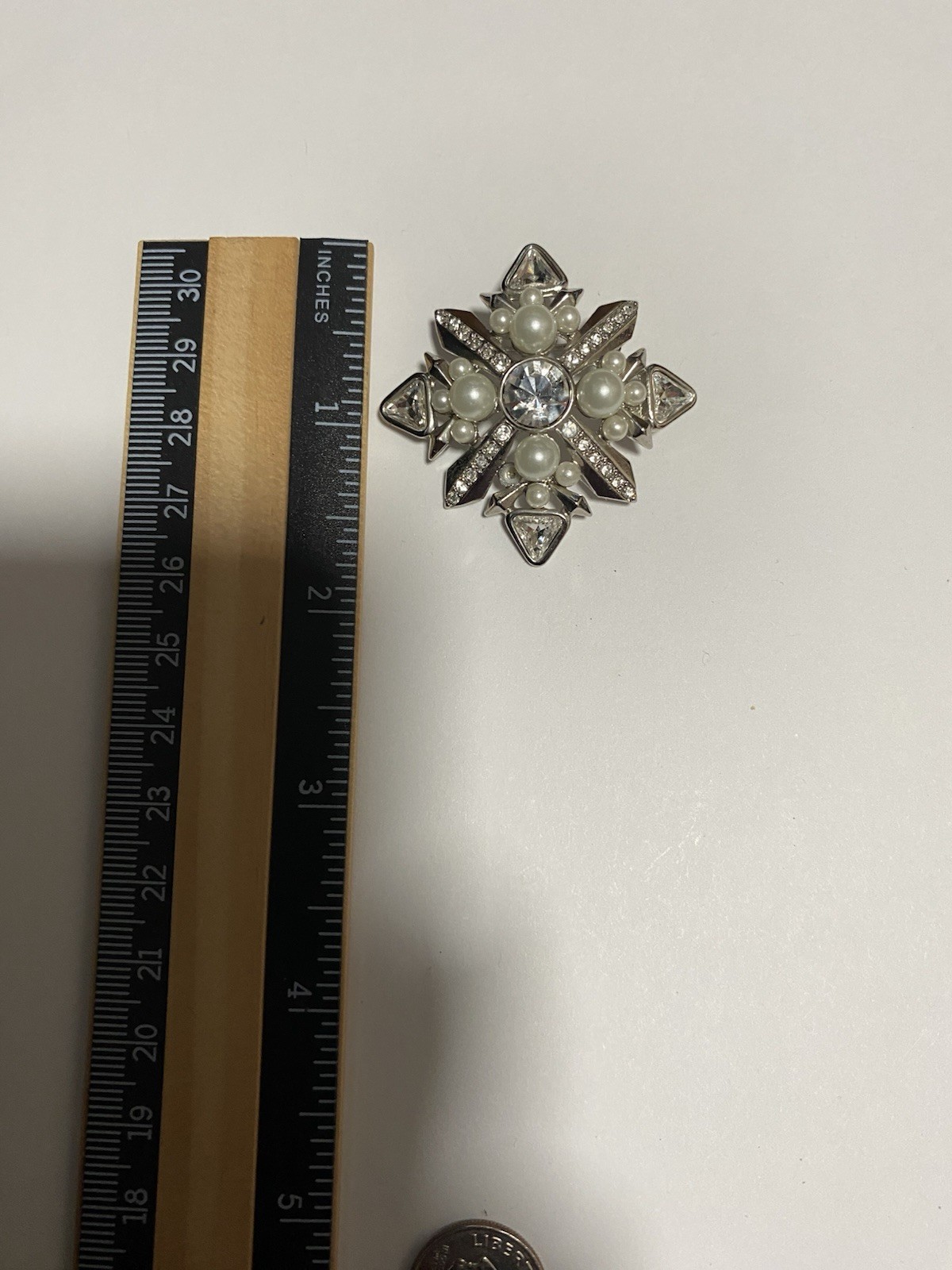 Vintage Givenchy Faux Pearls And Crystals Brooch, Silver Tone, Missing A Pearl