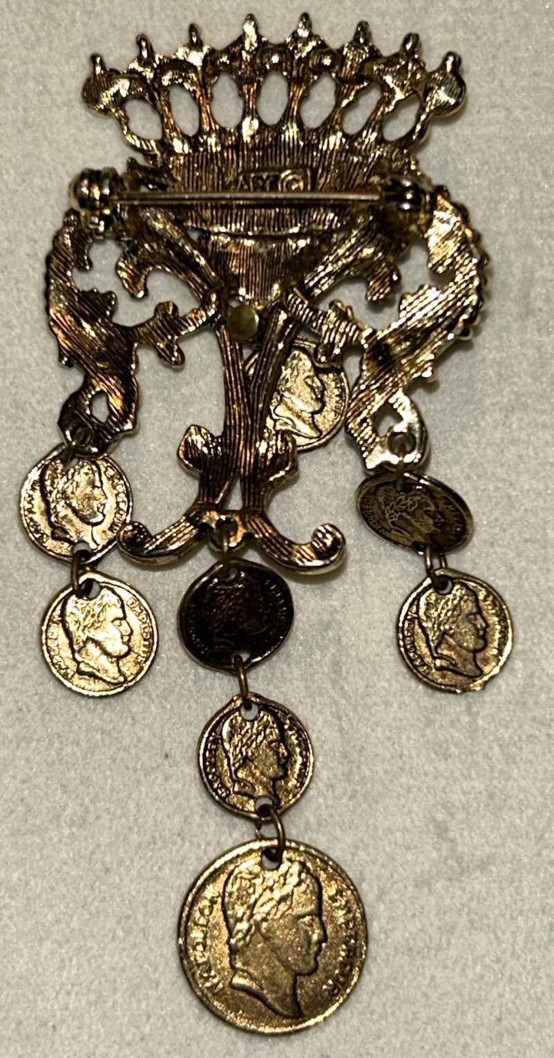 Vintage ART Arthur Pepper Gold Crown Crest Faux Coin Dangle Brooch Heraldic 60s