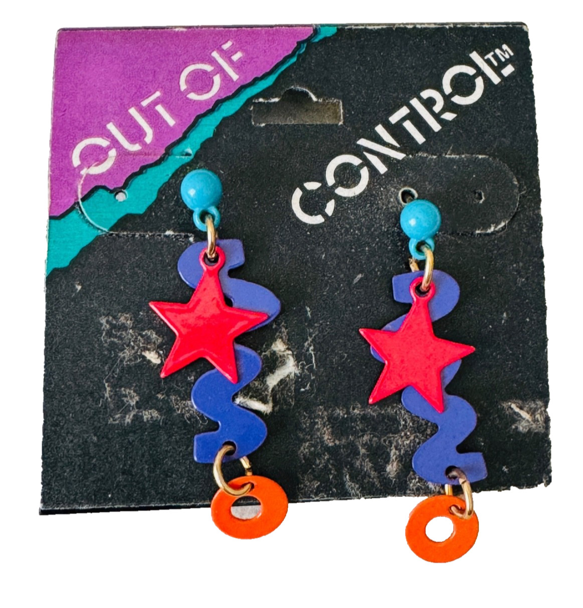 Vintage 1980s OUT OF CONTROL TM Colorful Metal Dangle Pierced Earrings Orig Card