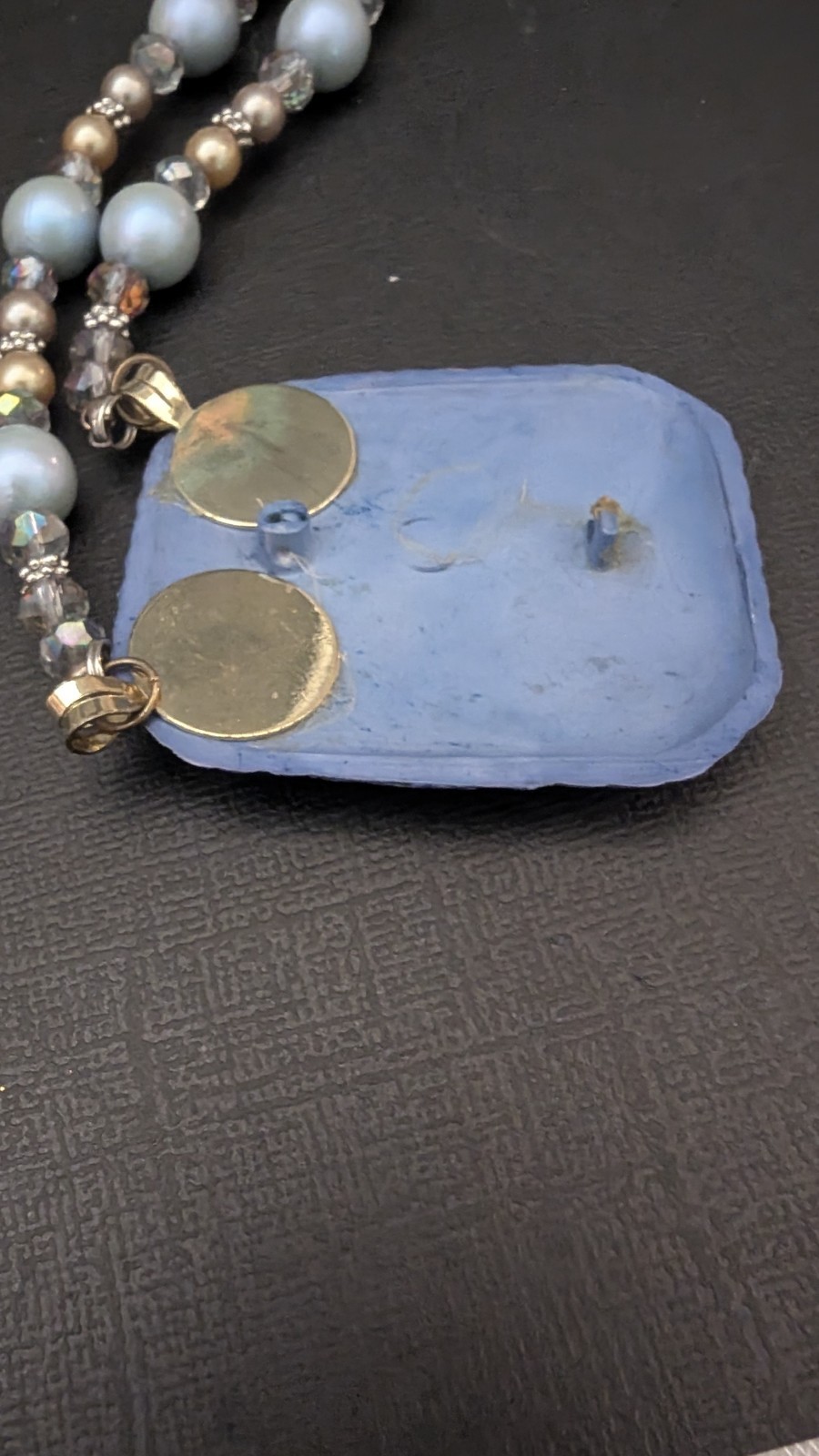 Vintage Light Blue Embossed Peacock Necklace – possibly Celluloid? With Earrings