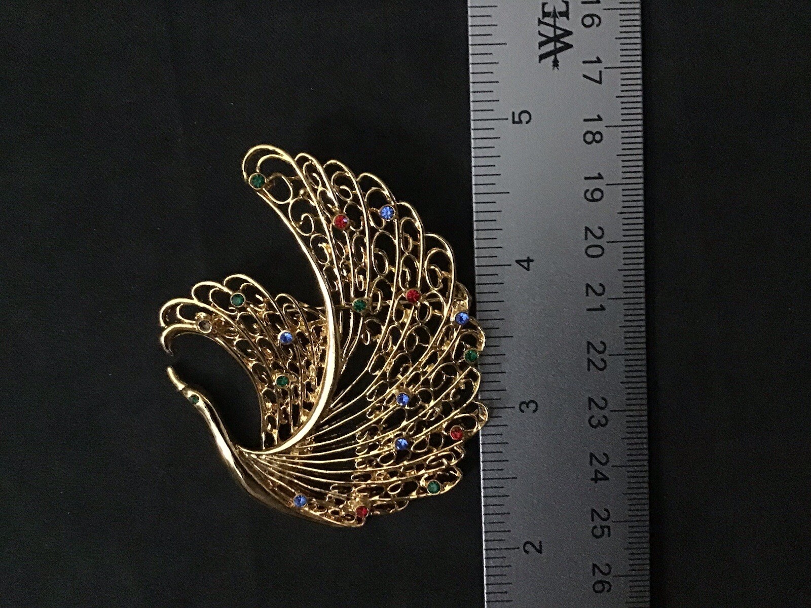 Vtg Peacock GoldT Brooch Multi Color Rhinestones Statement Trendy Style 3”
