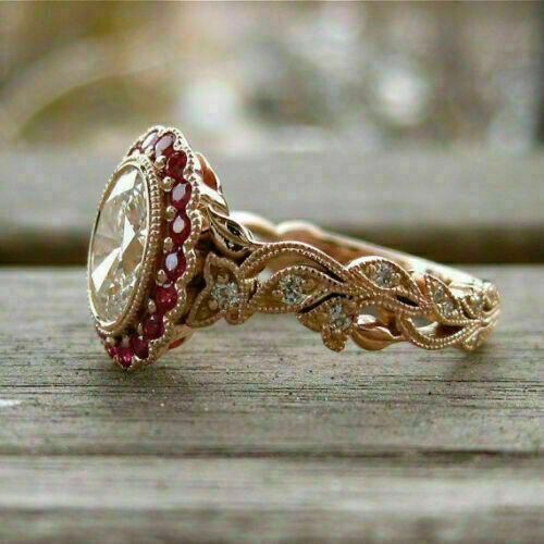 Art Deco Oval Cut Lab Created Diamond & Ruby Halo Wedding Bridal 925 Silver Ring