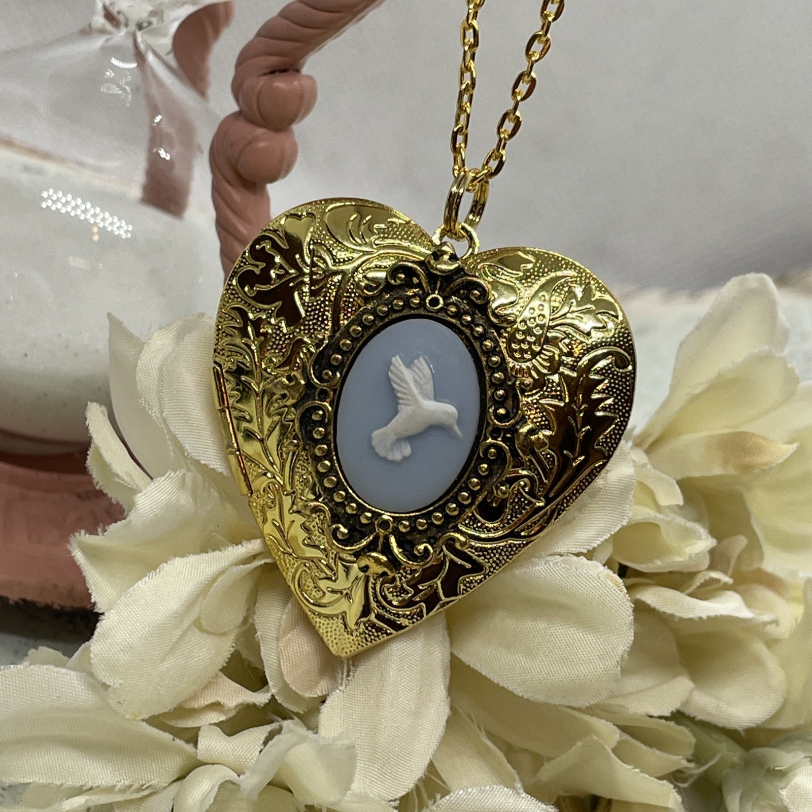 Gold Heart Locket Photo Birthday Anniversary Wedding Hummingbird Blue Necklace