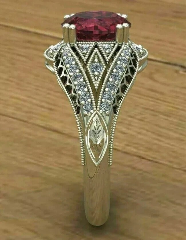 Art Deco Style 3.2Ct Oval Red Lab Created Ruby Engagement 14K White Gold FN Ring