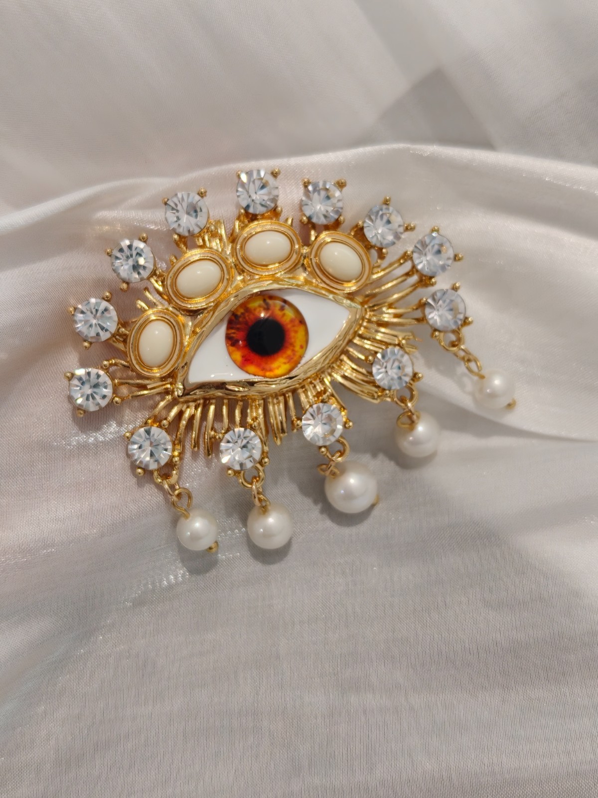 Schiaparelli Gold Evil Eye Brooch Crystal Pearl Dangle Designer Fashion Pin