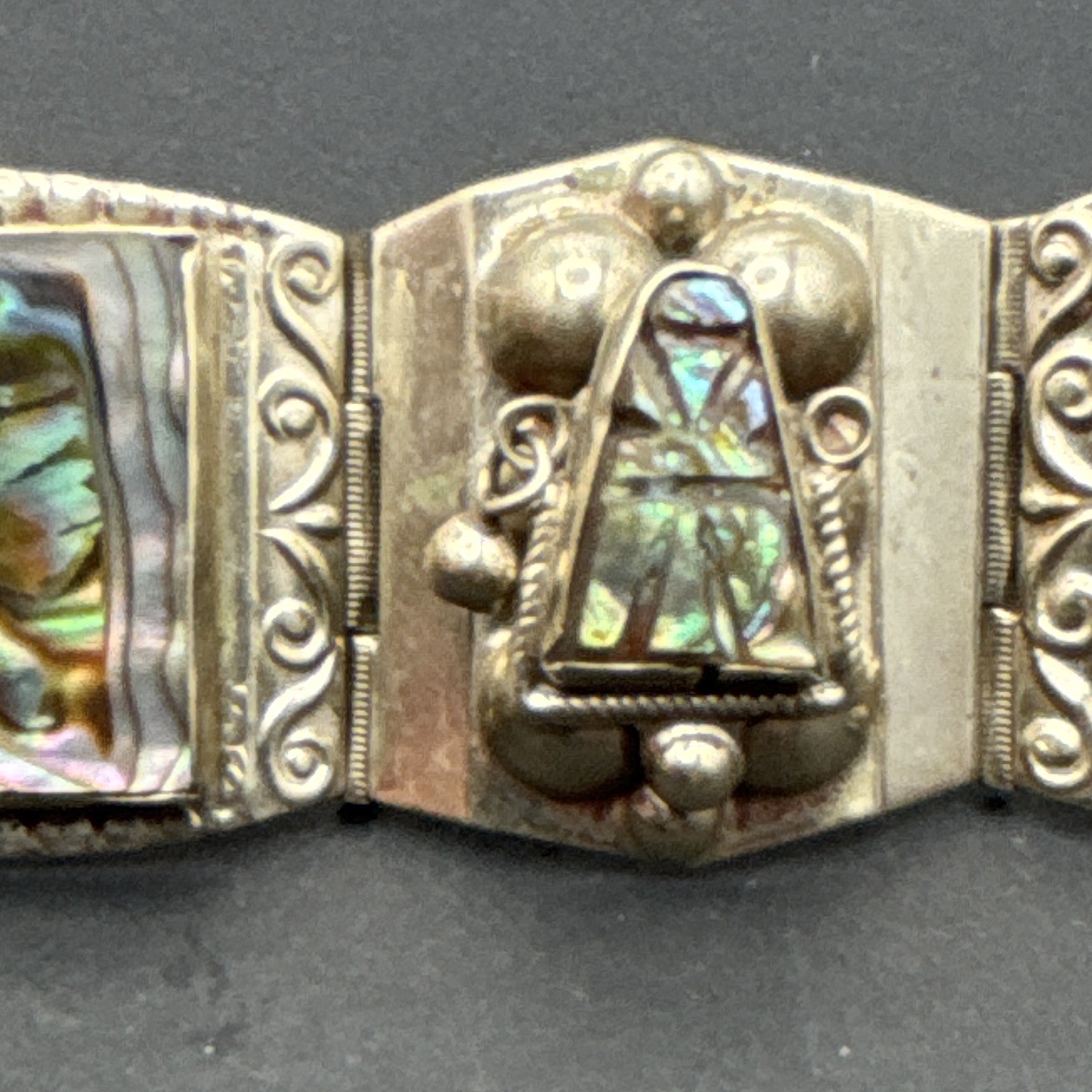Mexico 925 Sterling Silver Abalone Inlay Panel Link Bracelet w/”Eagle & 3″ Stamp
