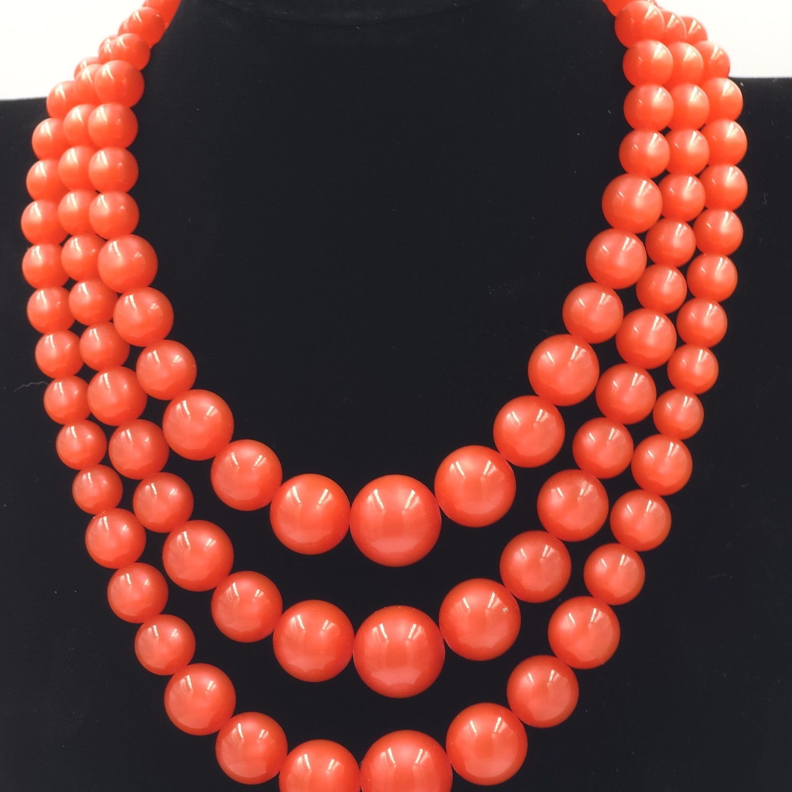 Vintage Triple Strand Necklace Bright Orange Moonglow Beaded Chunky Statement
