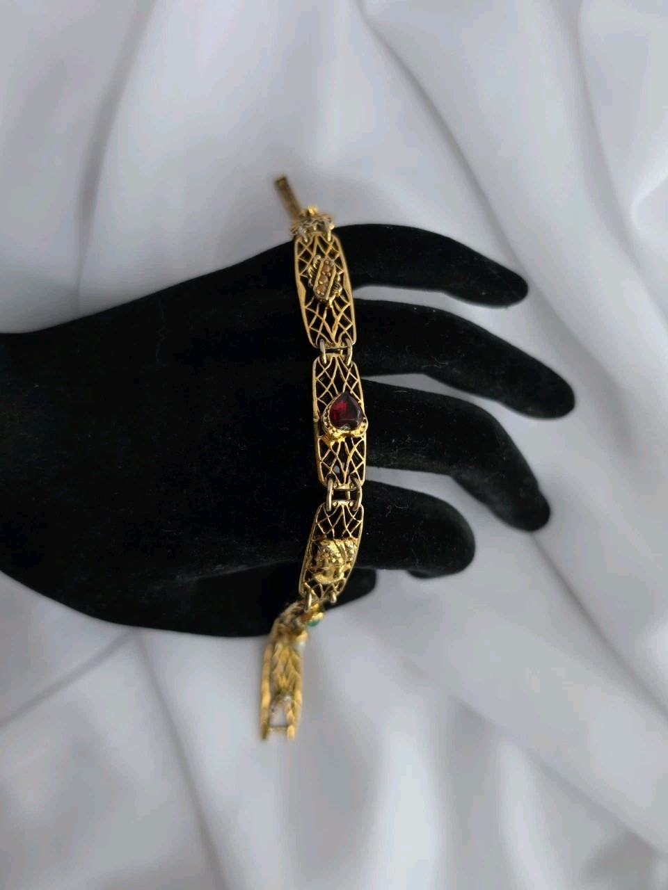 1960s Goldette NY Multi-Stone Gold Tone Bracelet 7.25″ Lattice Links
