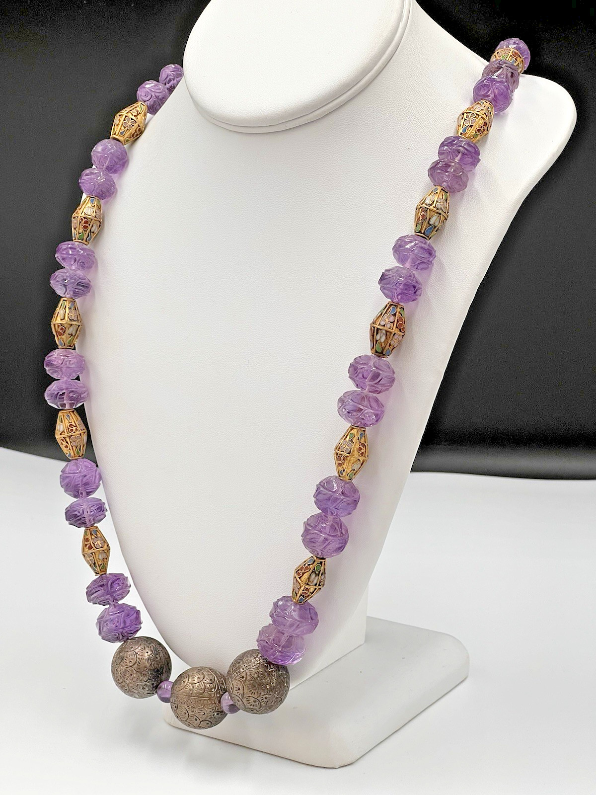 Vtg Chinese Carved Amethyst Bead & Gold Cloisonne Necklace, 168 grams, 30″ Long
